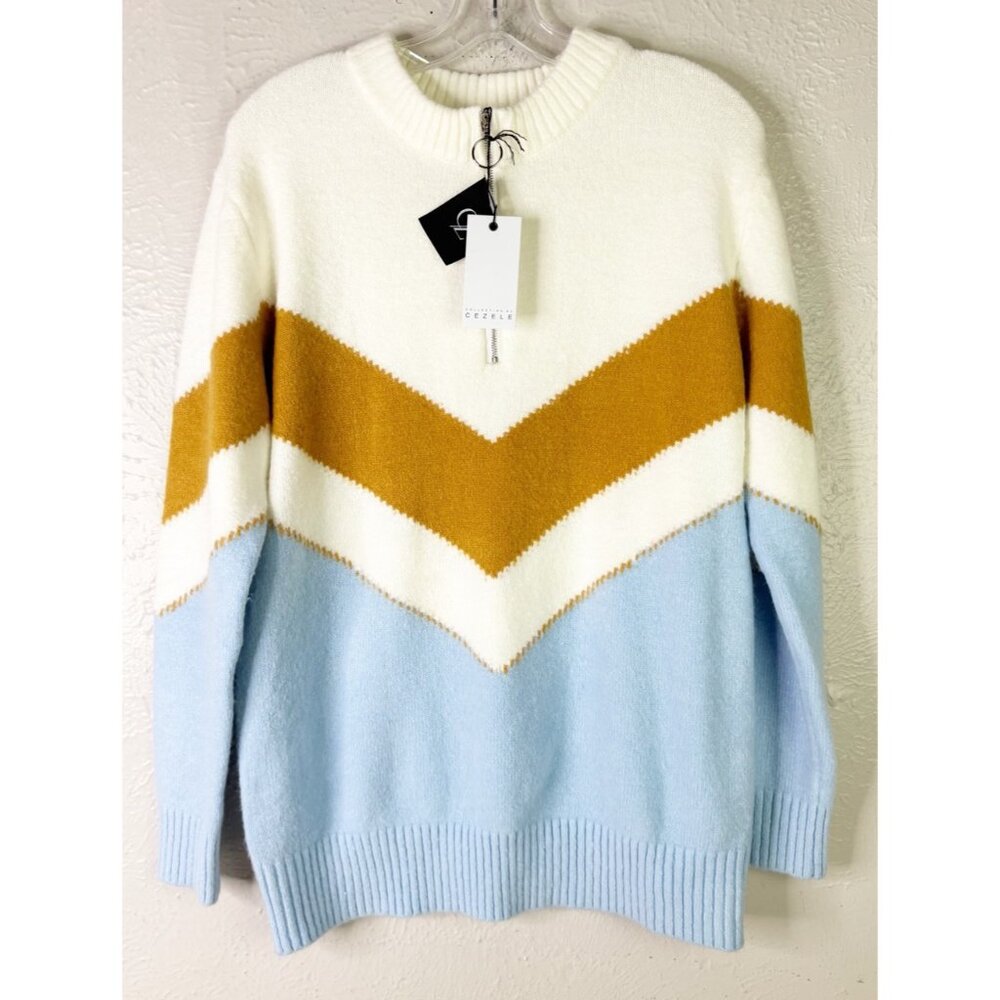 Cezele Women Large Chevron Quarter Zip Crewneck Pastel Super Soft Sweater NWT